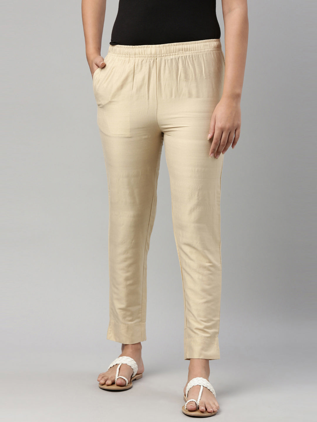 Women Dark Cream Solid Mid Rise Metallic Pants