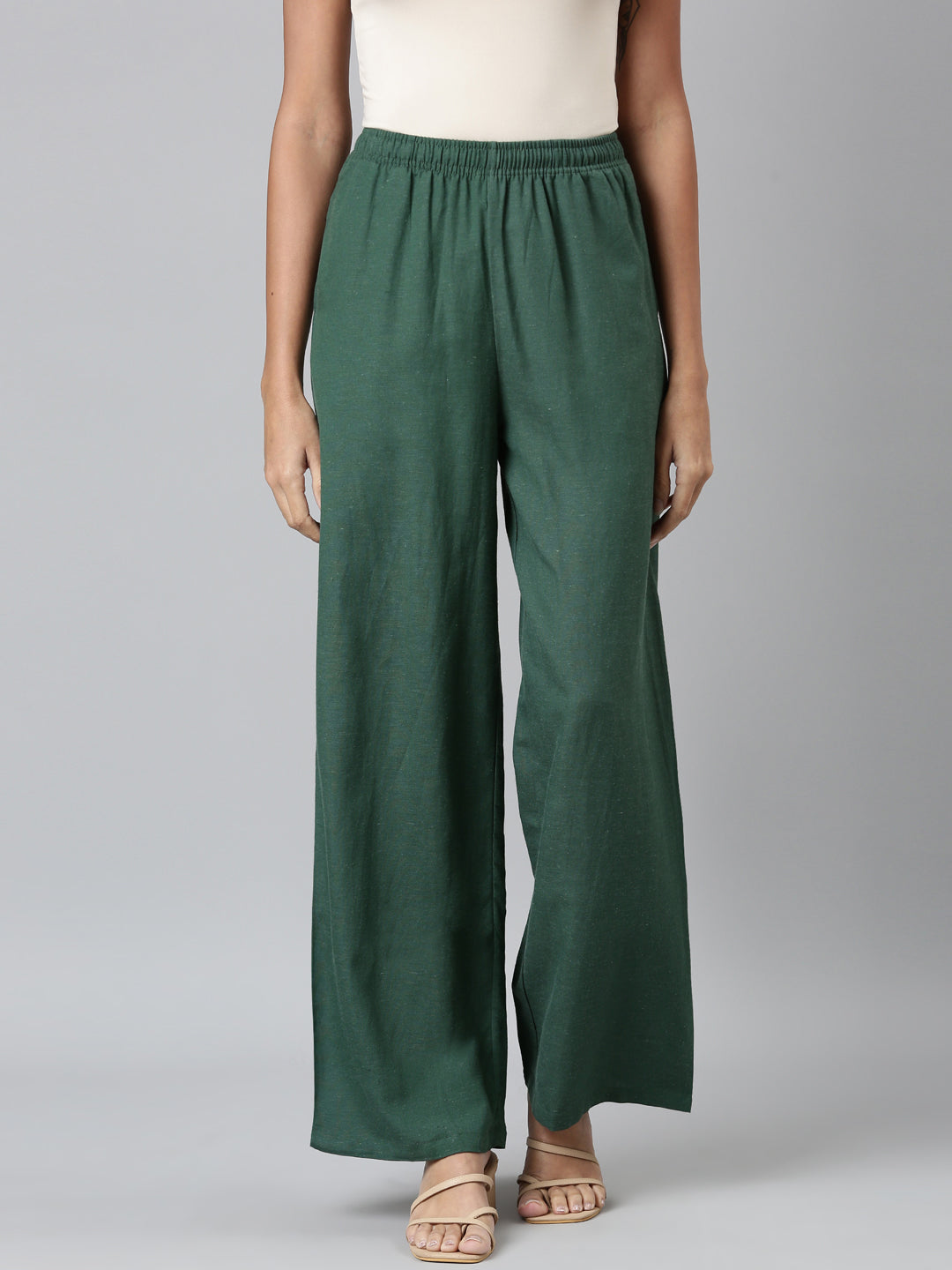 Women Bottle Green Solid Linen Palazzos