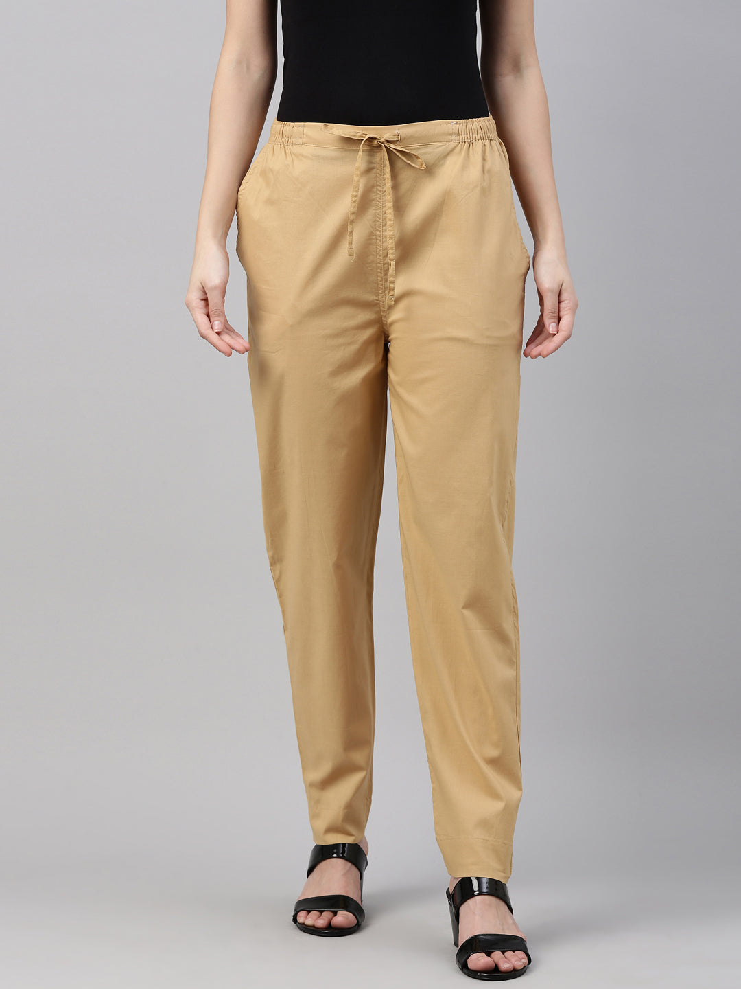 Women Solid Wheat Comfort Fit Cotton Pants