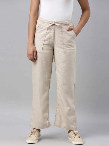 Women Solid Beige Linen Cargo Pant