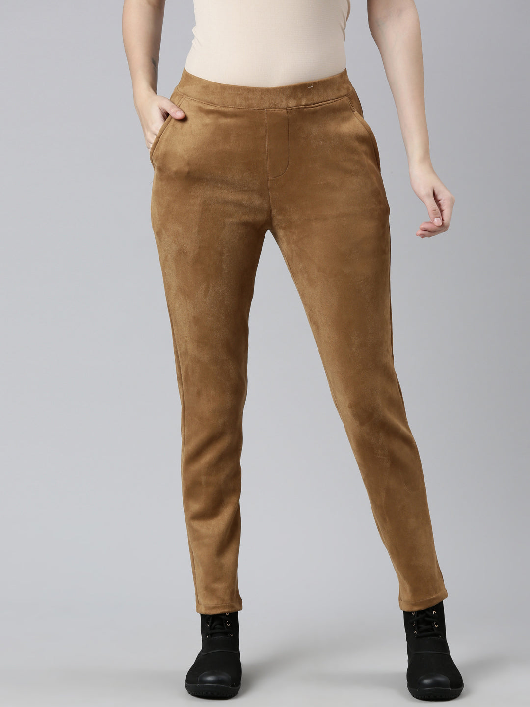 Women Solid Light Brown Mid Rise Suede Treggings