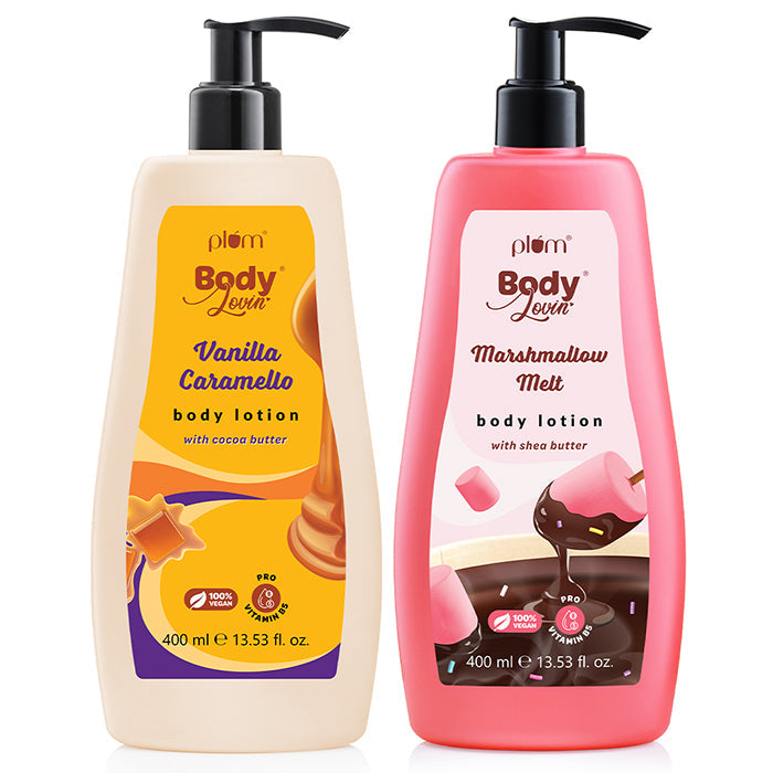 Deliciously Moisturizing Body Lotion Duo by Plum BodyLovin' | Vanilla Caramello & Marshmallow Melt Body Lotion