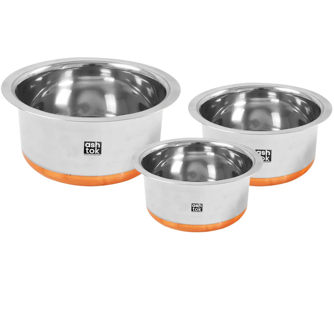 Patila Tope Stainless Steel Copper Bottom Set of 3, Tope with lid