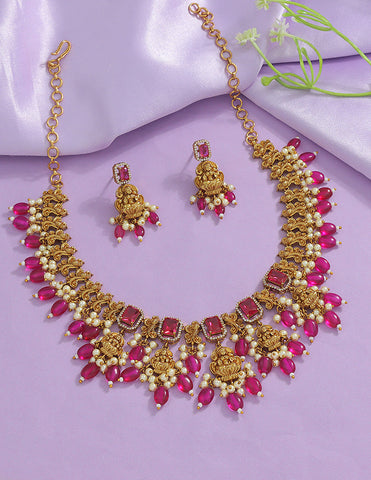 Designer Zirconia Royal Ruby Beads Kempu Necklace Set