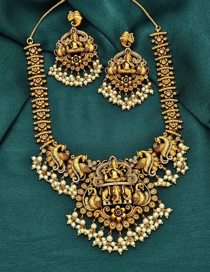 Designer Krishna Matt Necklace Set With Pearls