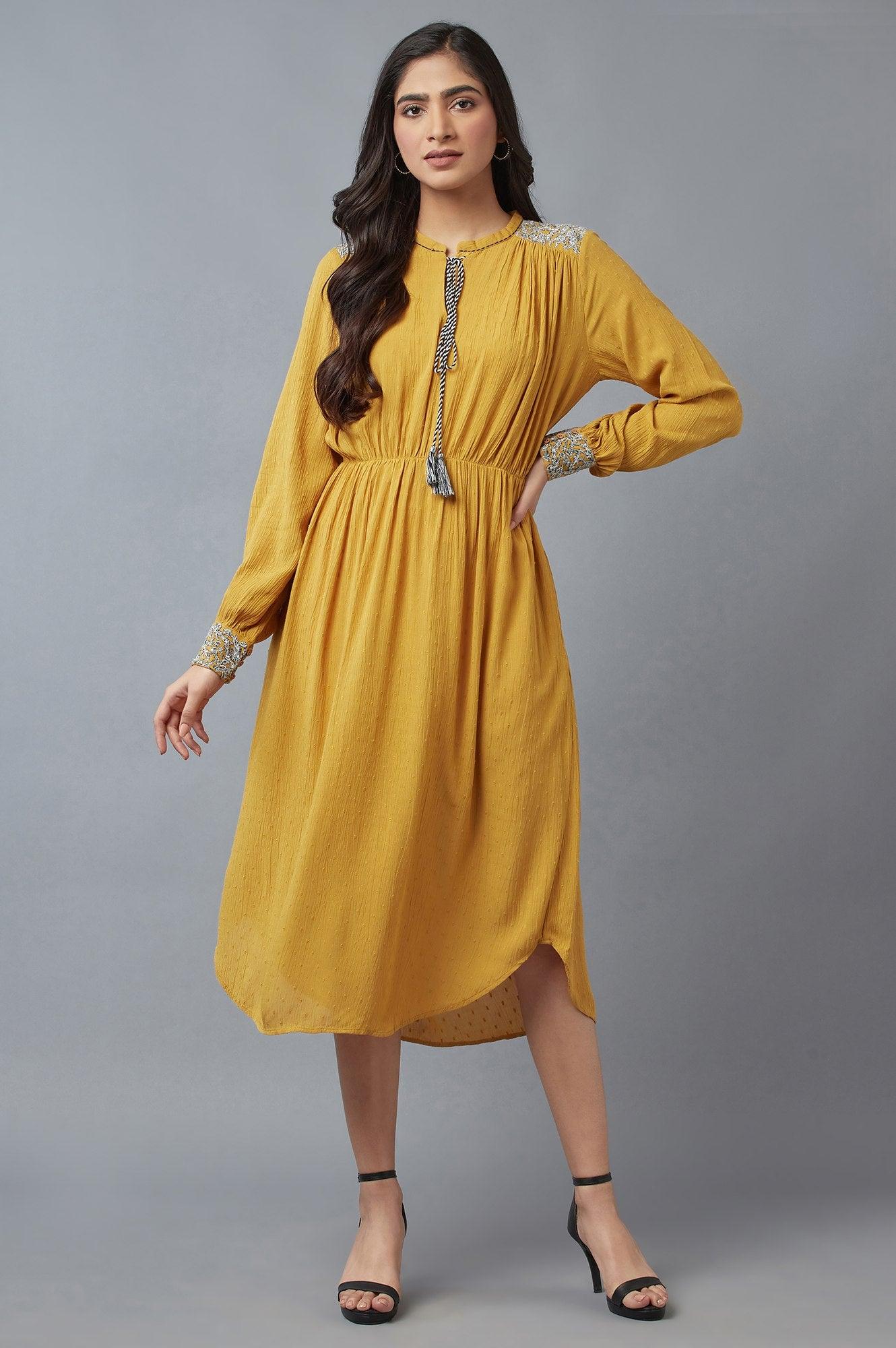 Mustard A-Line Dress With Tassle Tie-Up