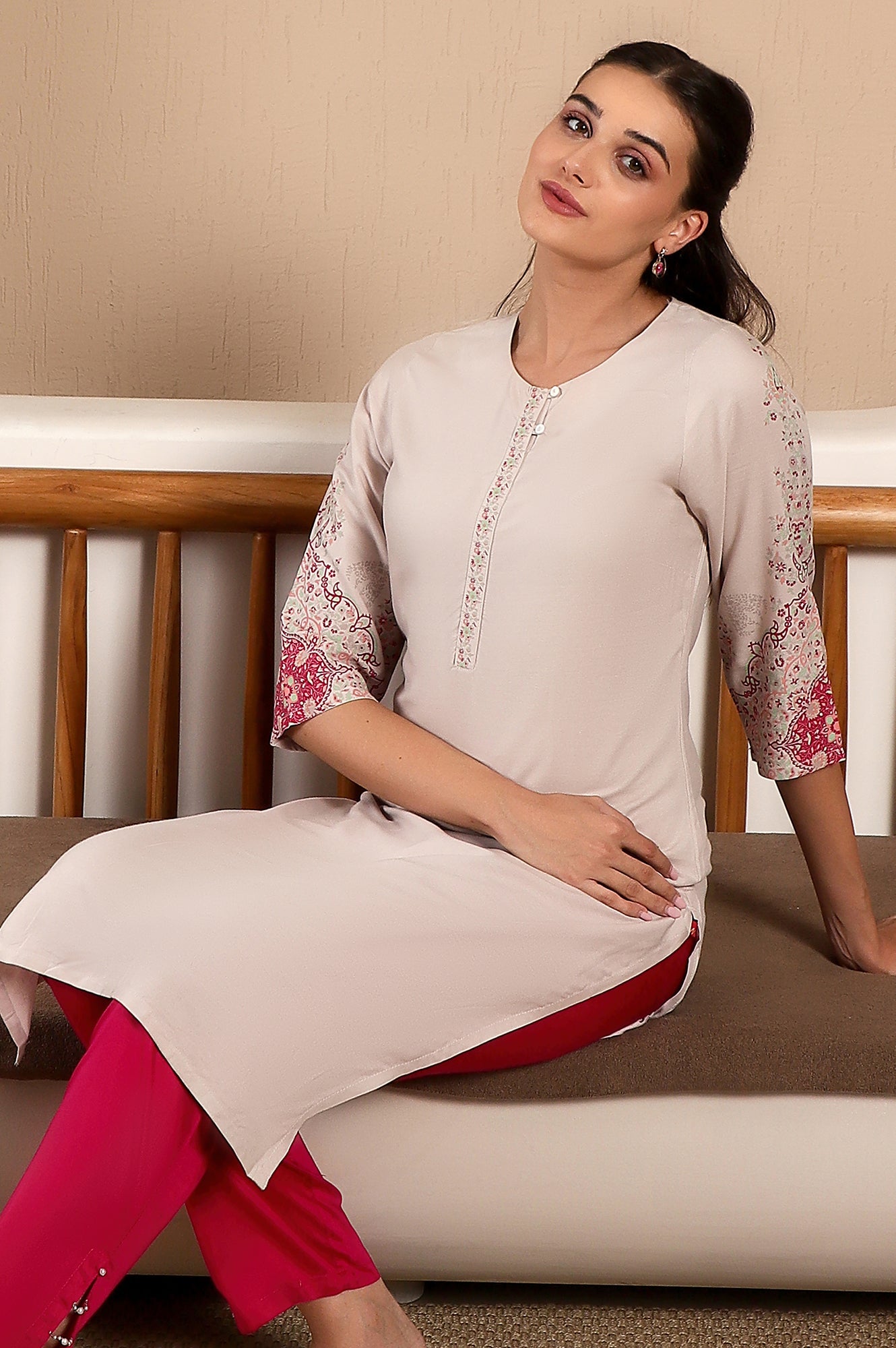 Light Pink Round Neck Rayon Straight Kurta with Floral Print on Sleeves & Button Tab