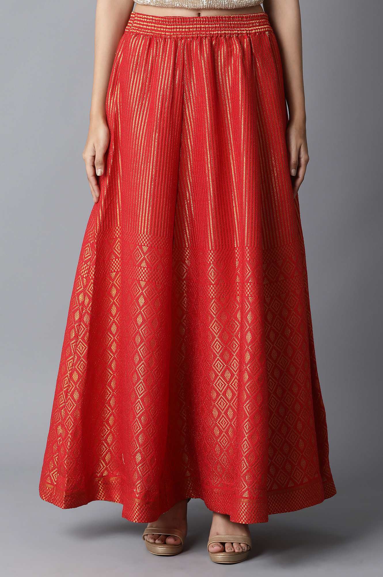 Red Dobby Printed Flared Woven Skirt with Elasticated Waist