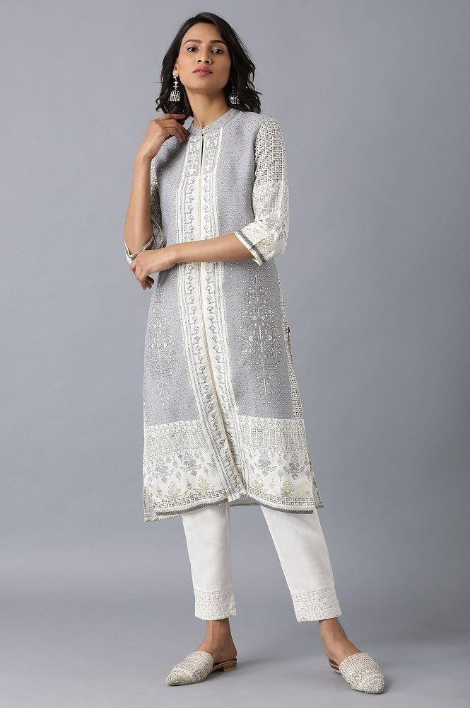 Grey Mandarin Neck Printed kurta