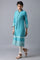 Teal Flora Print Straight Kurta In Mandarin Collar