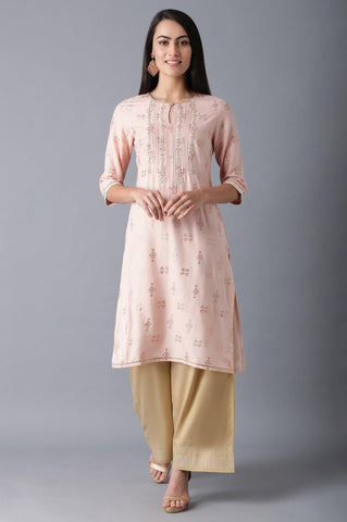 Peach Round Neck Embroidered kurta