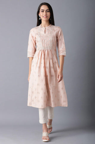 Peach Mandarin Neck Gathered kurta