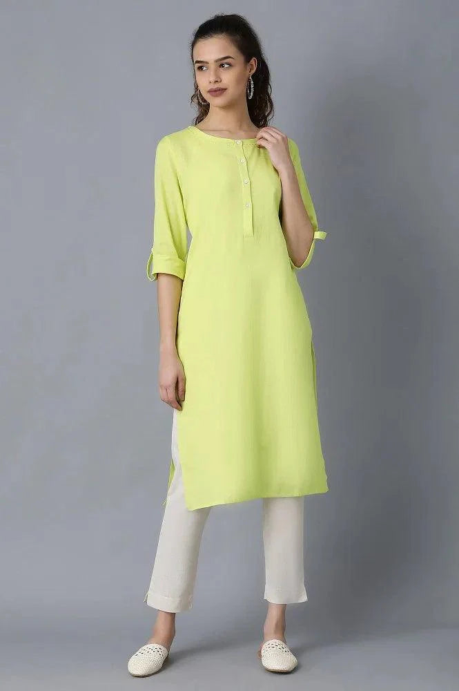 Yellow Round Neck Solid kurta