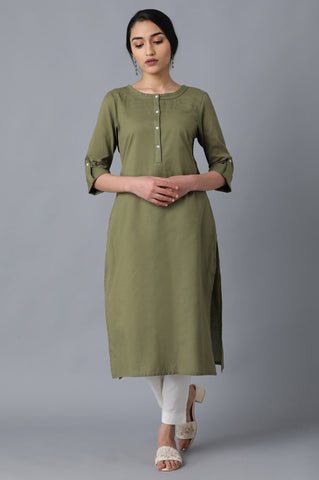 Green Round Neck Solid kurta