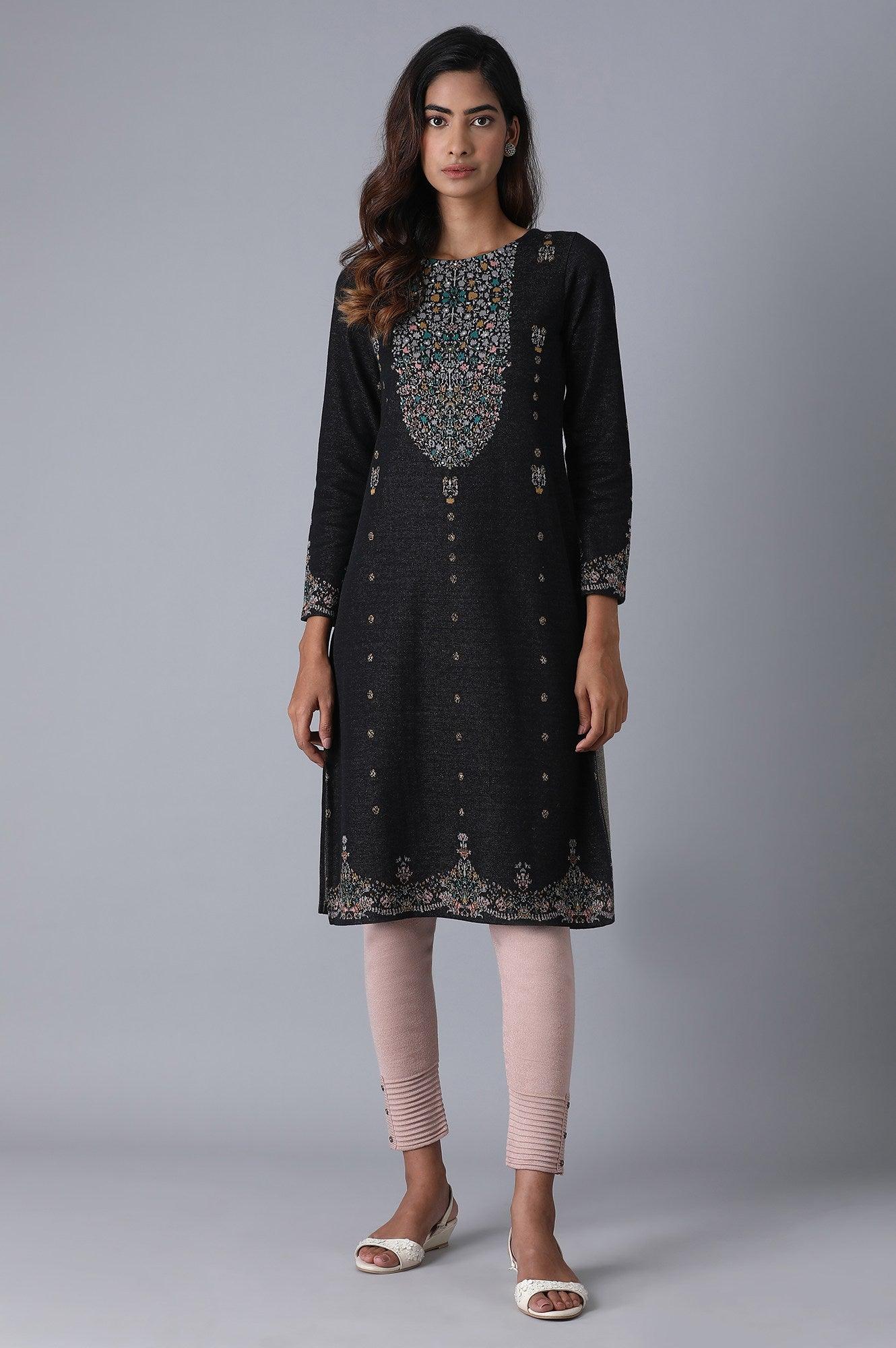 Grey Round Neck Floral Winter kurta