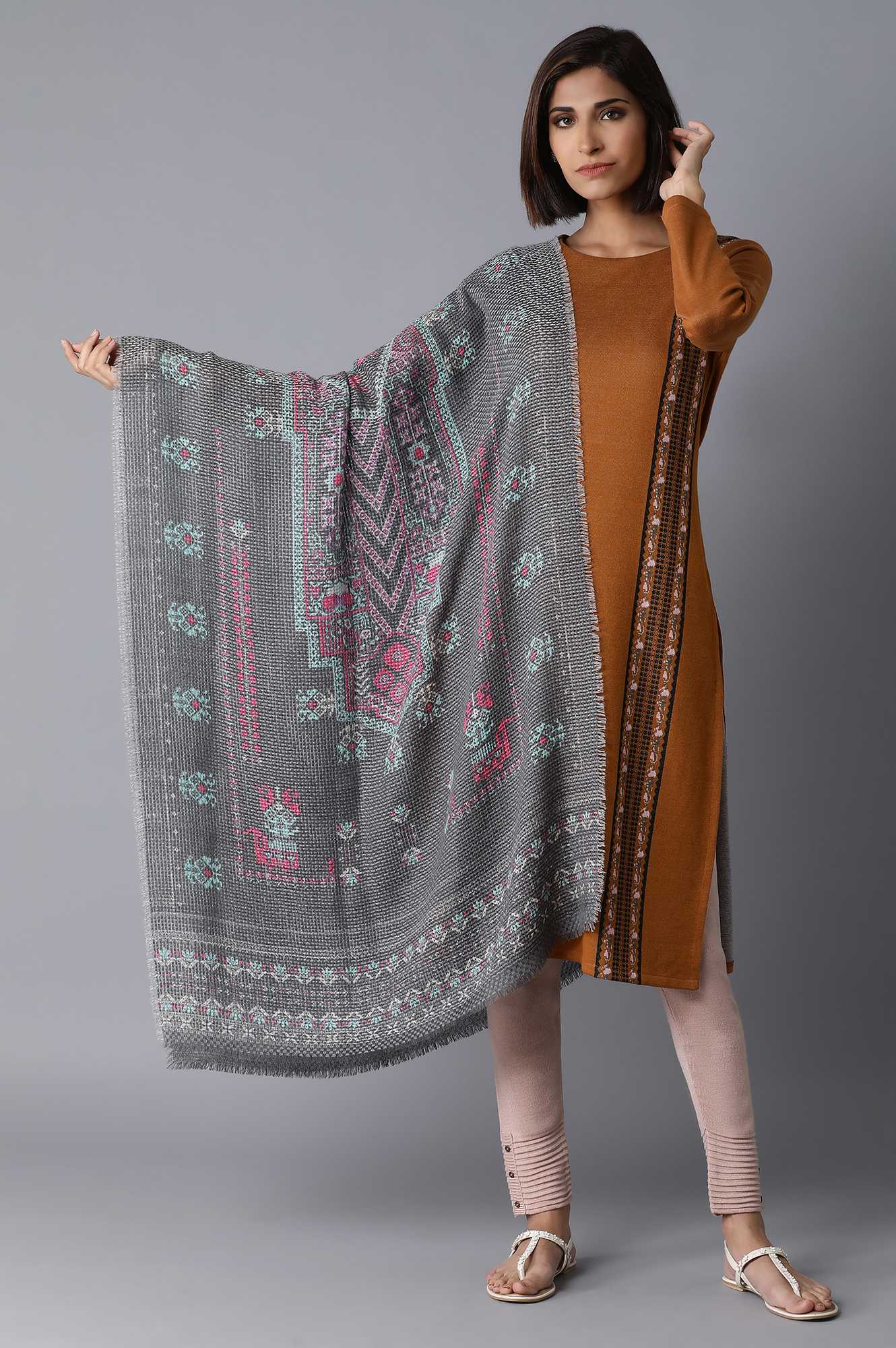 Dark Grey Printed Woven Shawl