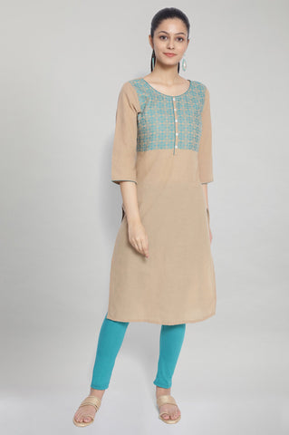 Beige Round Neck Printed kurta