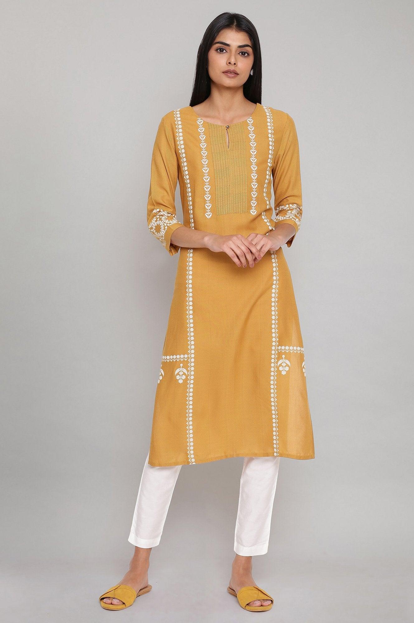 Yellow Placement Print kurta with Embroidery