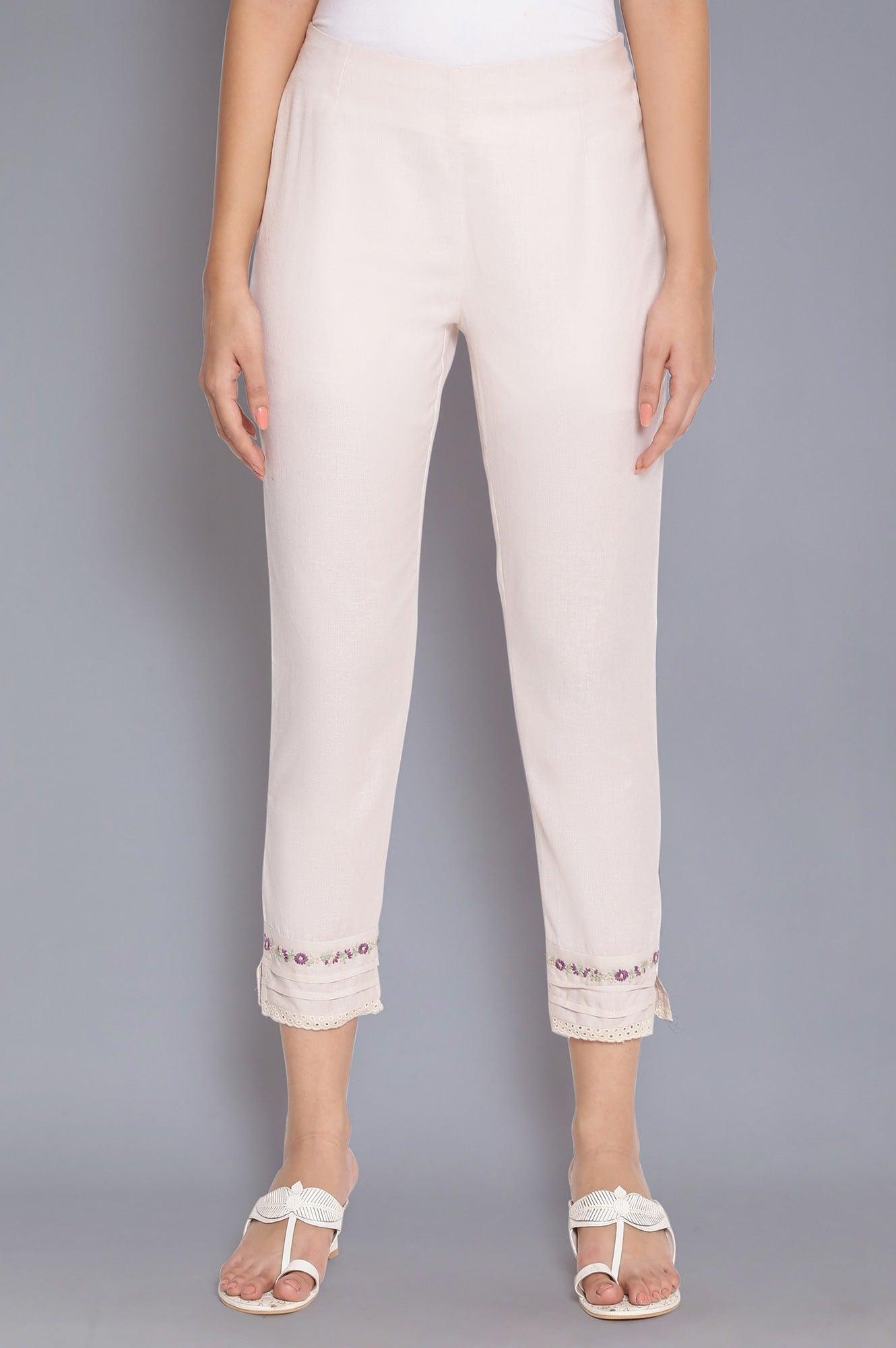 Beige Embroidered Slim Pants