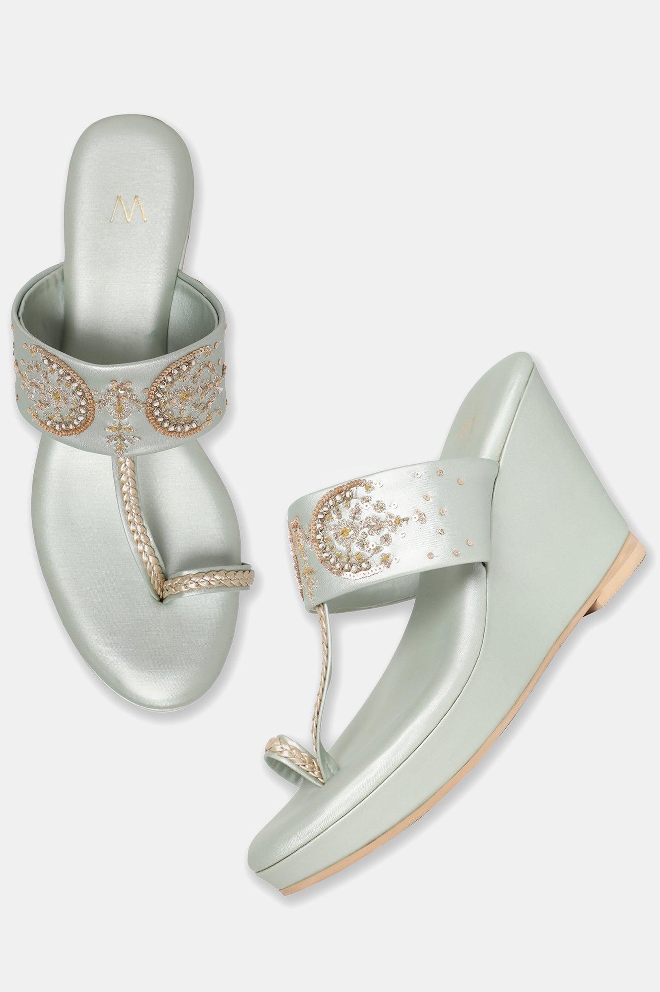 W Embroidered Pastel Green Almond Toe Platform