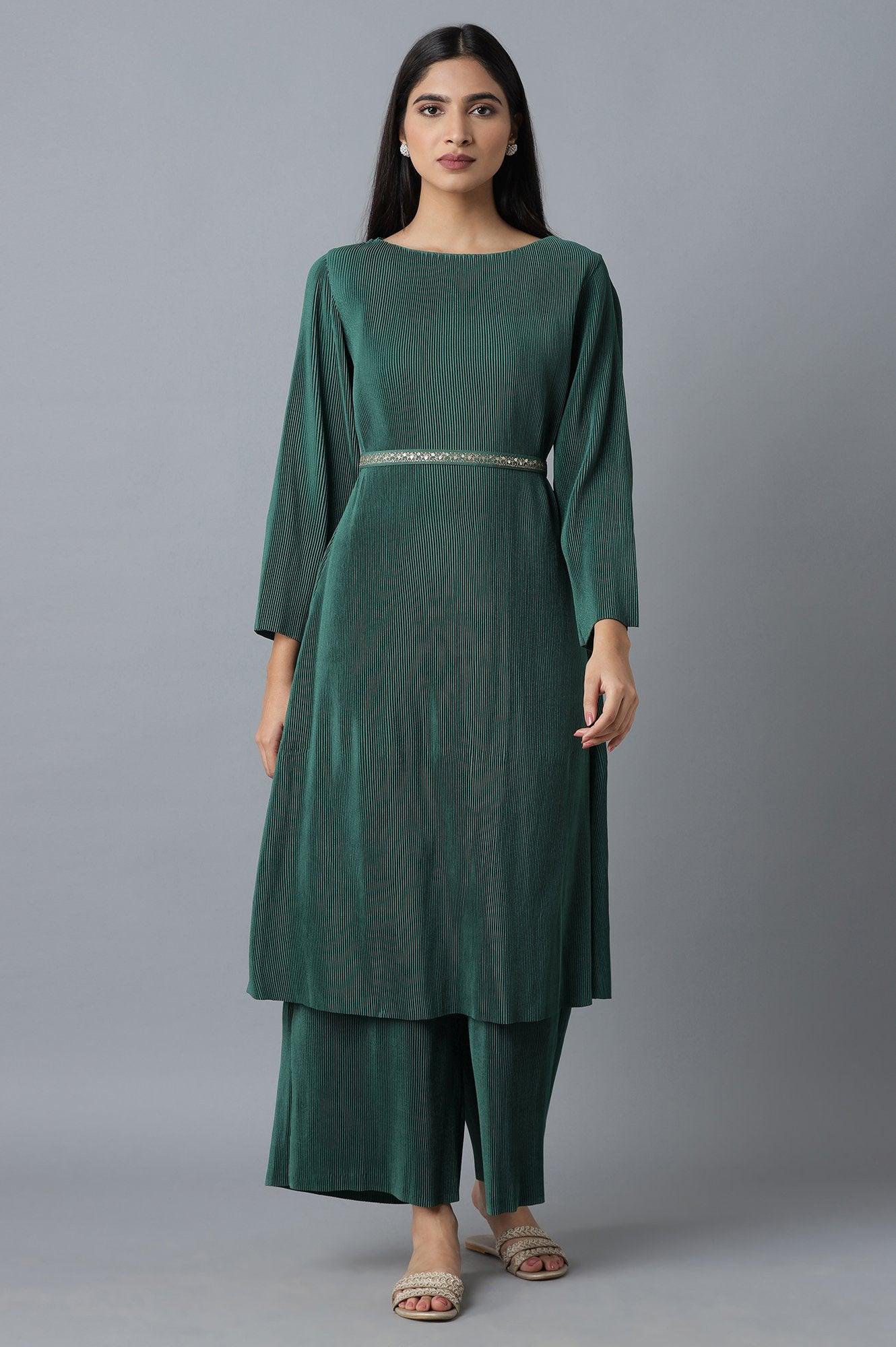 Deep Green Pleated kurta-Parallel Pants Set