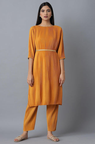 Orange Pleated kurta-Slim Pants Set