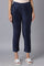 Navy Blue Solid Straight Fit Woven Trousers With Elasticated Waistband
