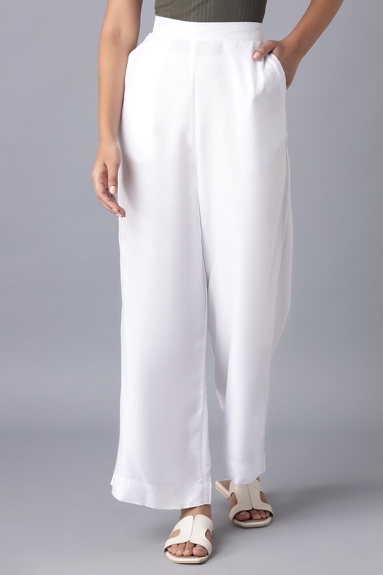 White Solid Wide Leg Tencel Trousers With Elasticated Waist