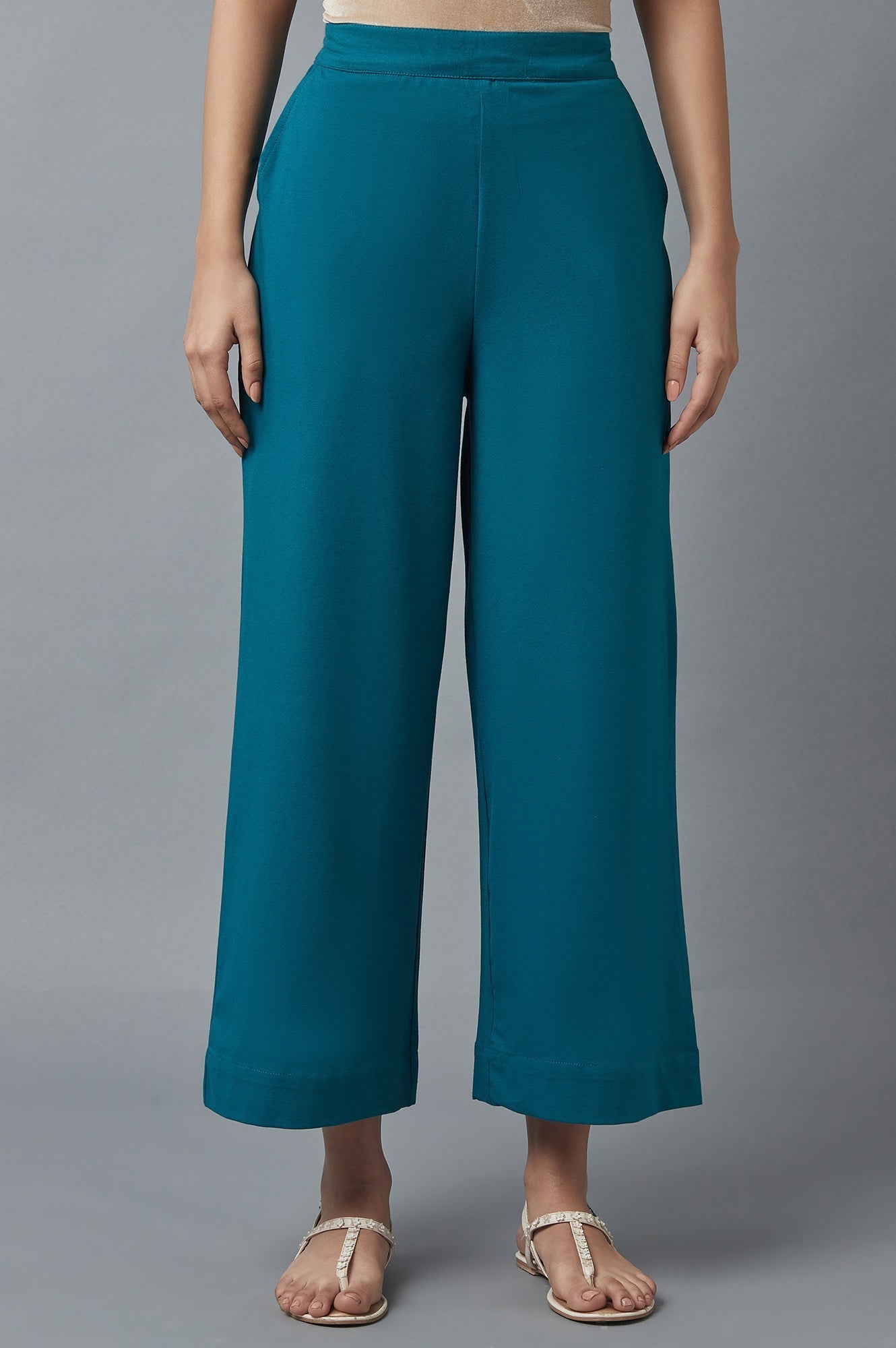 Teal Green Solid Straight-fit Cotton Palazzo with Side Pockets