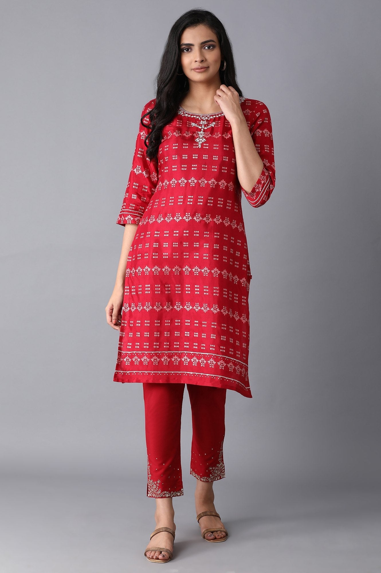 Red Printed Straight kurta