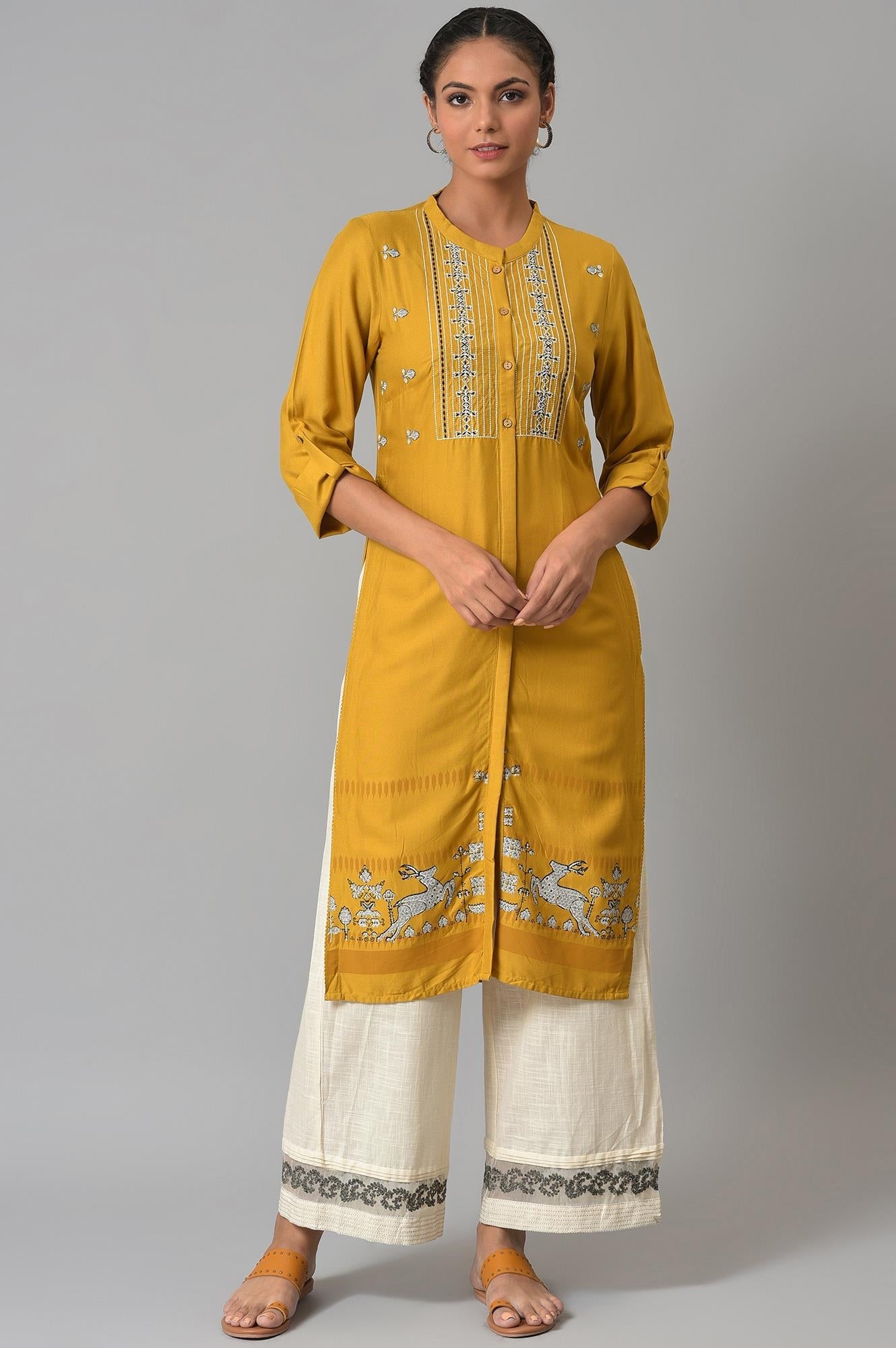 Yellow Embroidered and Printed Shirt kurta