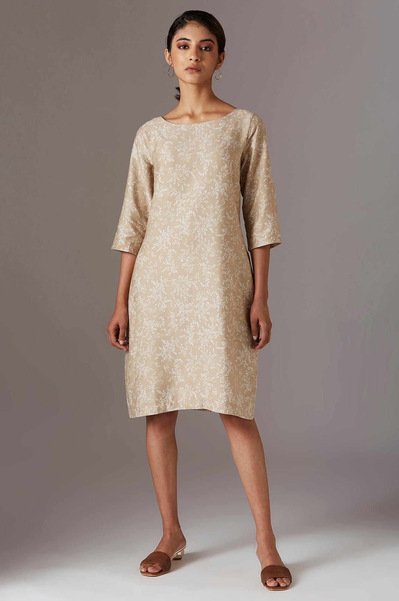 Beige Rayon Flex Printed Dress