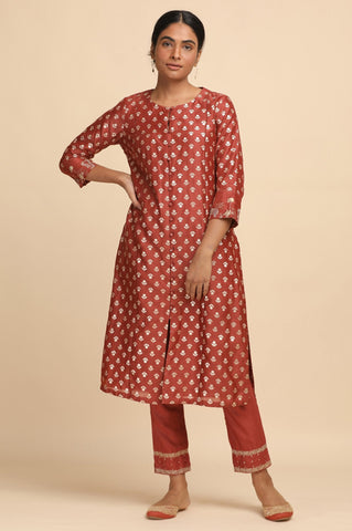 Red Cotton Silk Jacquard kurta