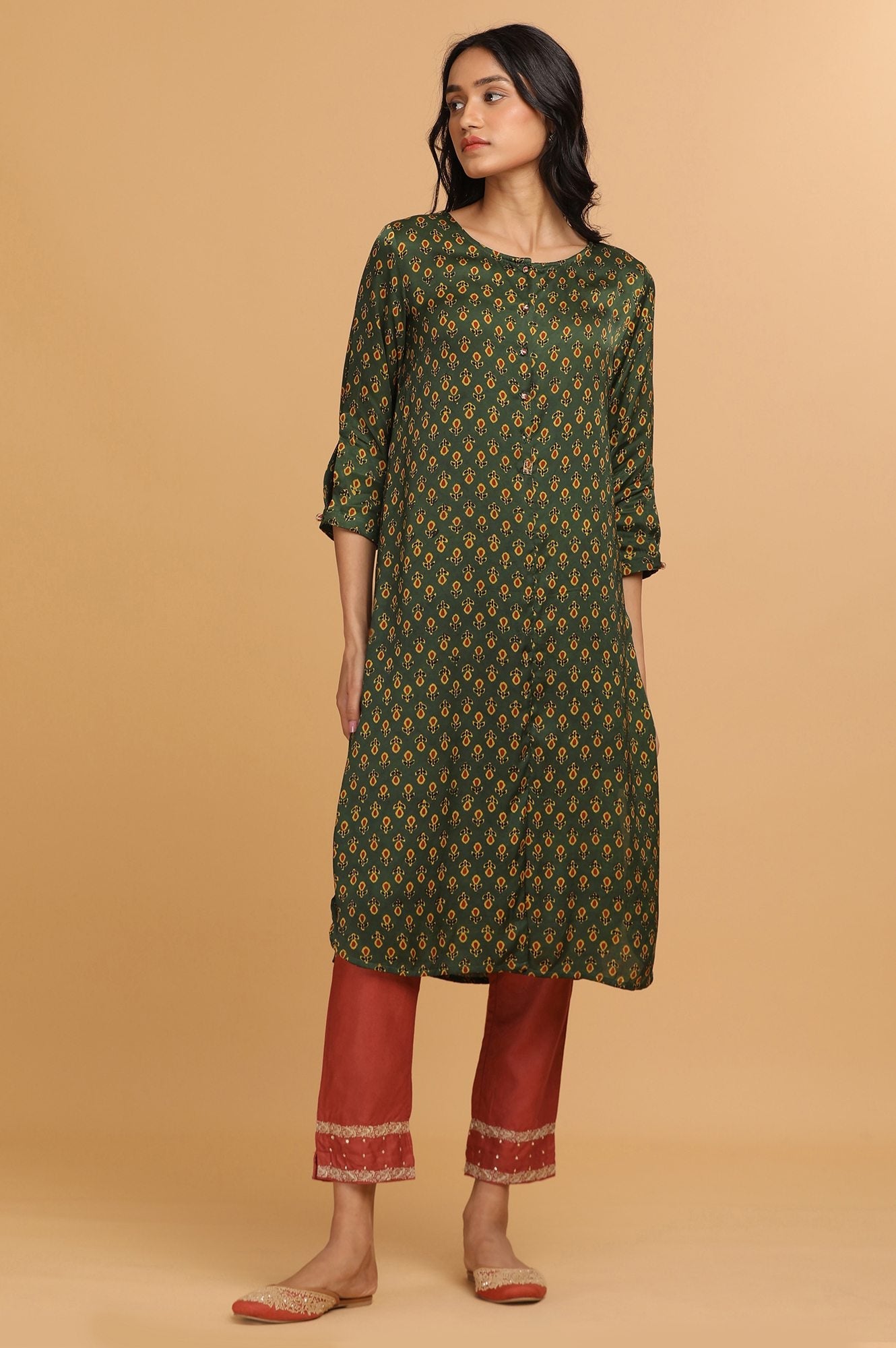 Green Ajrakh Print Mid-Length kurta