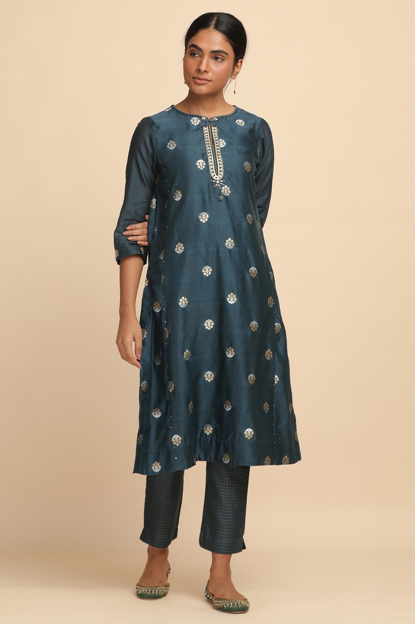 Teal Blue and Gold Cotton Silk Jcaquard kurta