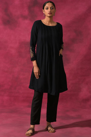 Black Pleated Woollen Dress