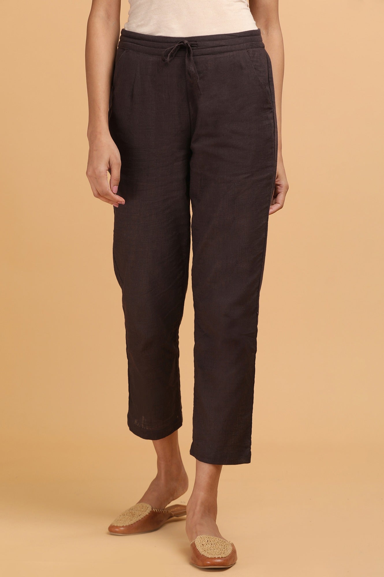 Brown Solid Plain Straight Cotton Pant