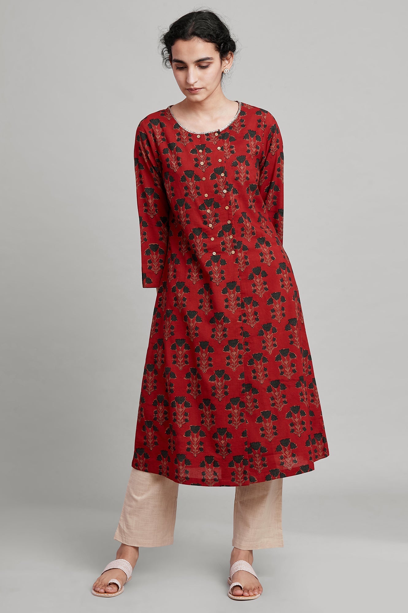 Red Hand Block Print A-Line kurta