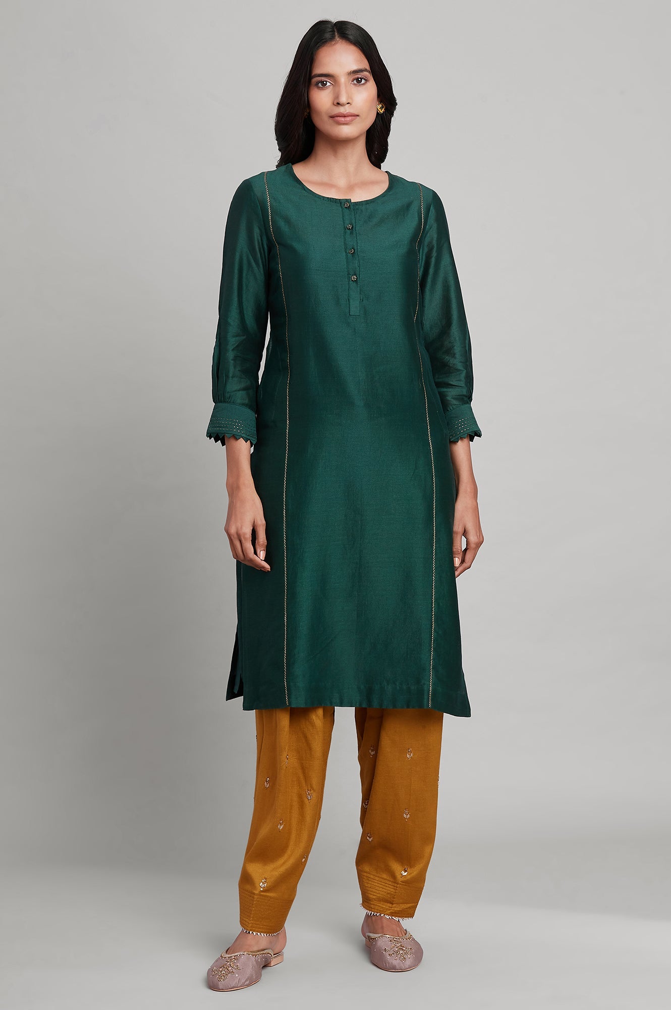 Dark Green Silk Chanderi Shirt kurta