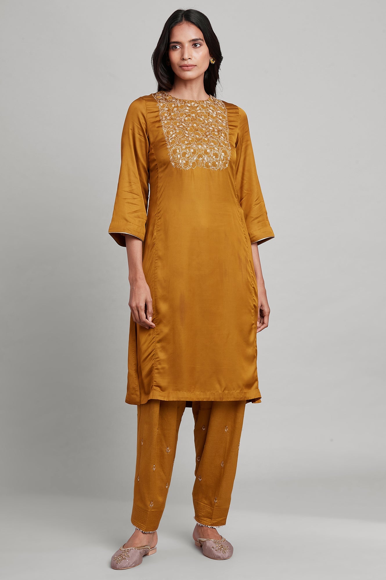 Dark Yellow Modal Satin Solid kurta