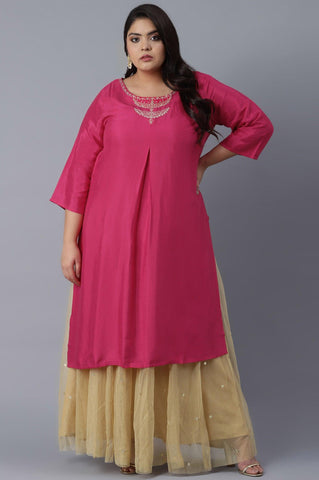 Dark Pink Shantung kurta in Metallic Embroidery