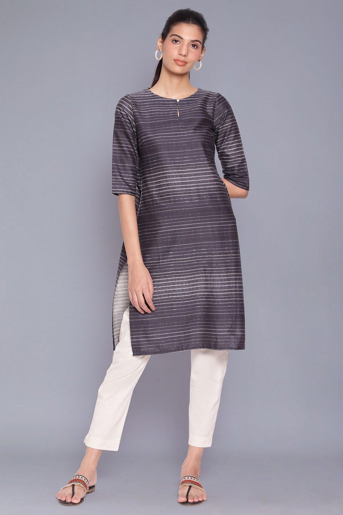 Dark Grey Stripe Printed Cotton kurta