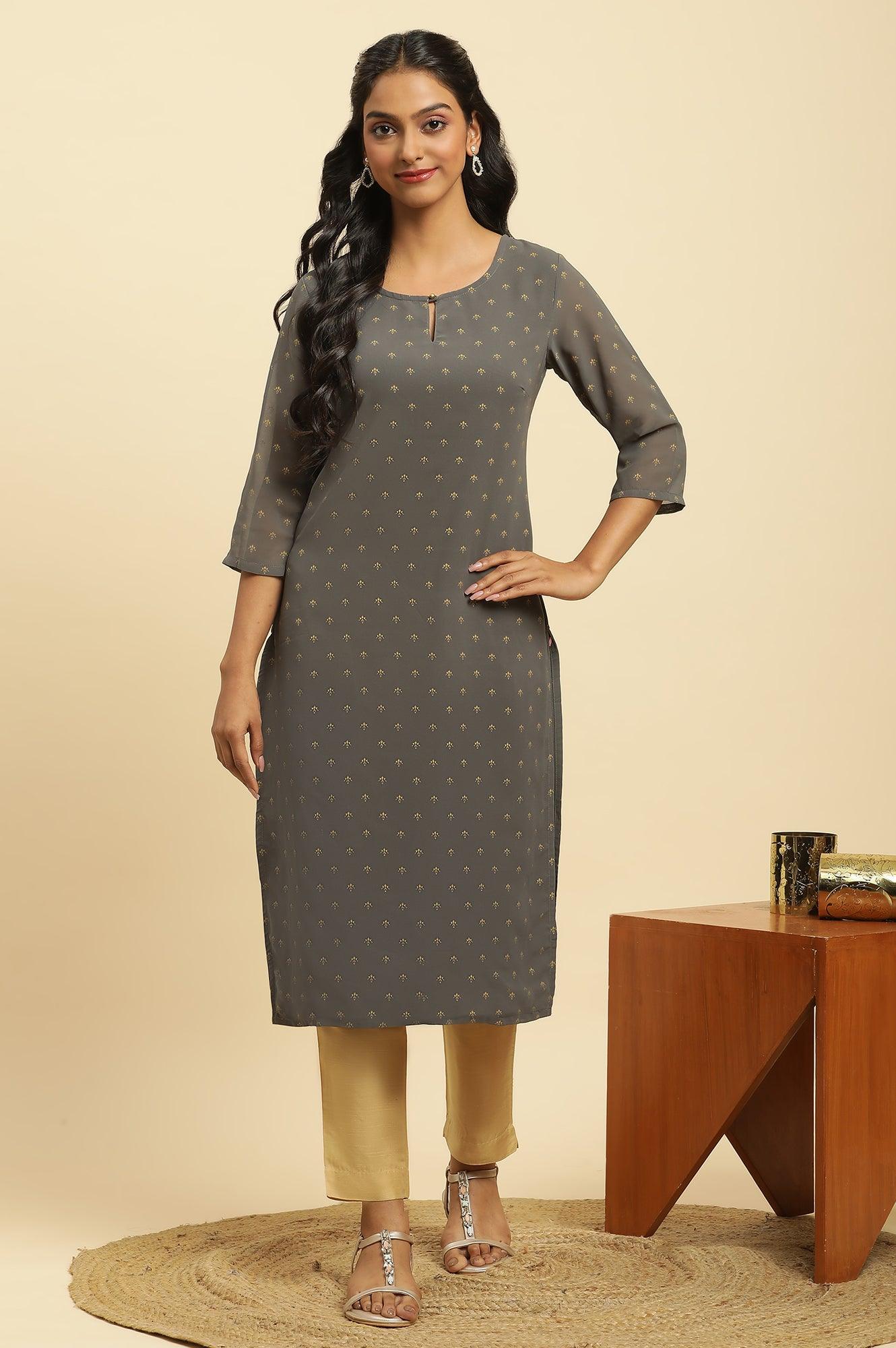 Grey Foil Printed Festive Kurta