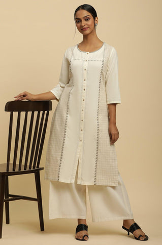 Off White Thread Embroidered And Side Stripe Kurta And Pants Set