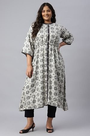 Beige Asymmetrical Printed Plus Size kurta