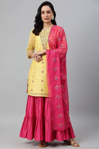 Yellow Chanderi kurta With Tiered Sharara And Dupatta