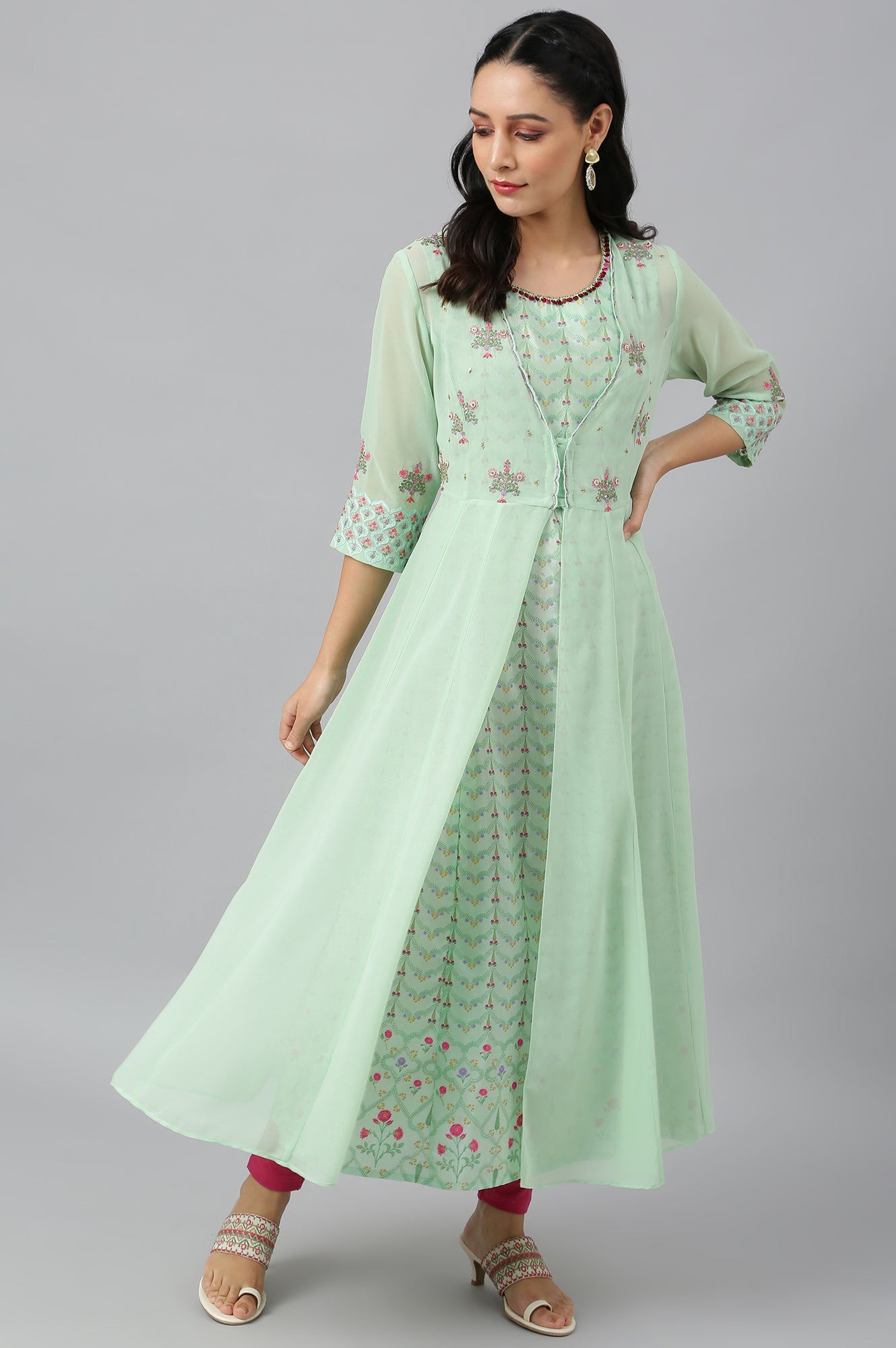 Mint Green Jacket With Kurta And Tights