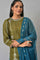 Olive Green Embroidered kurta With Teal Flared Pants And Dupatta