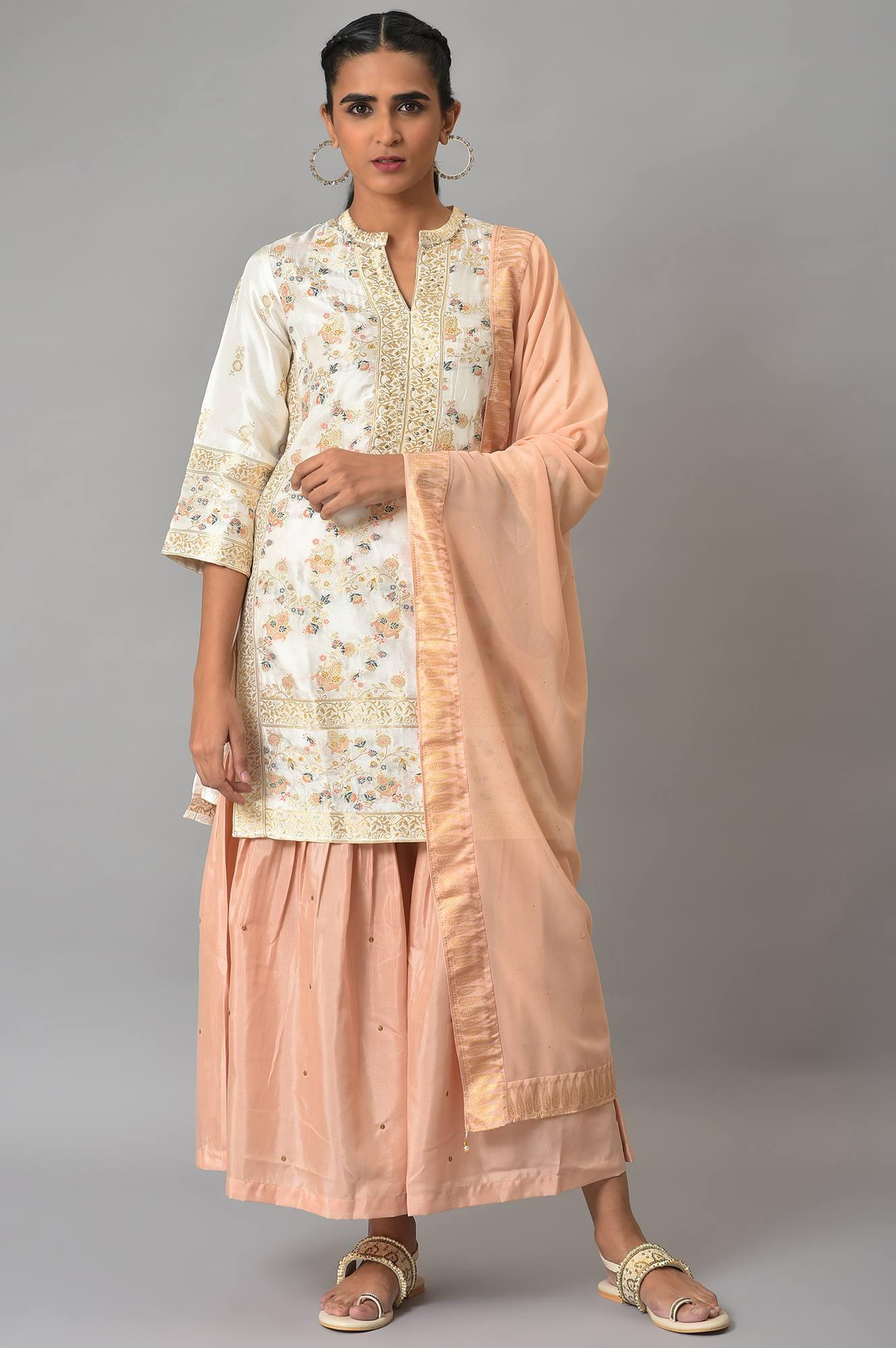 Ecru Short kurta And Pink Sharara With Dupatta Festive Set