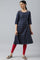 Navy Blue Printed A-line Kurta with Embroidery